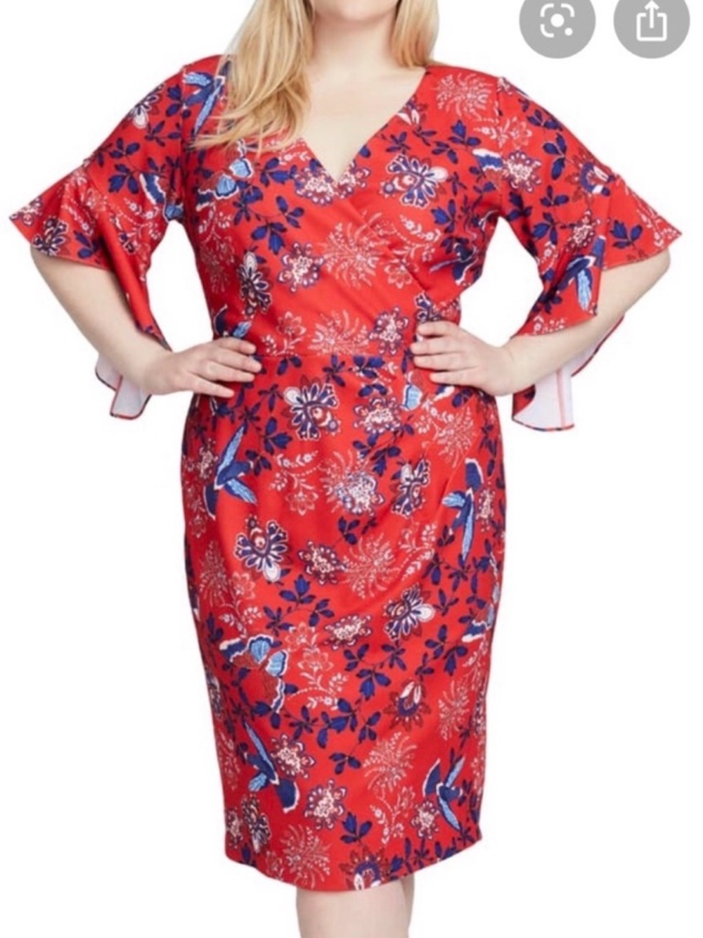 NWT Rachel Rachel Roy 18W red floral Bird Print flutter sleeve dress